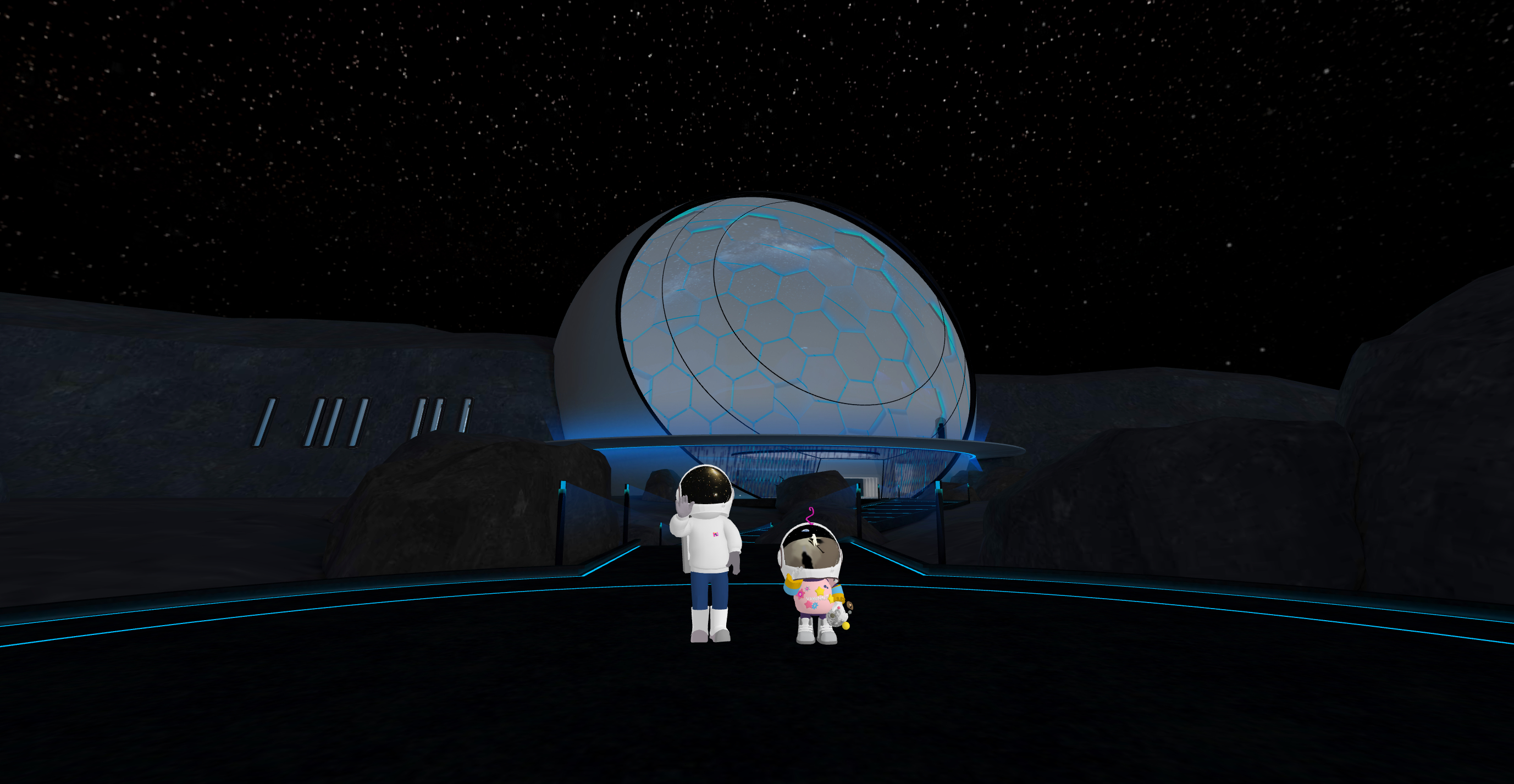 MoonMars Museum, OnCyber metaverse dome with avatars on the lunar surface